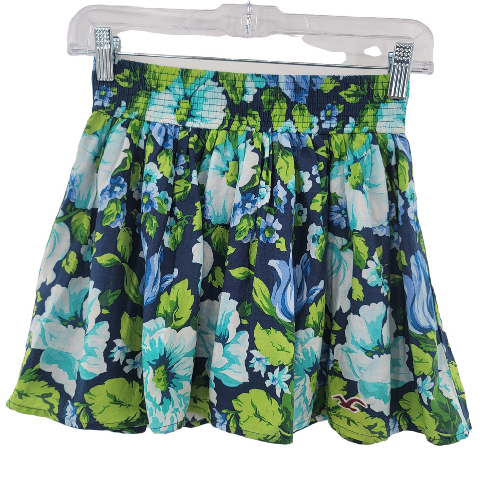 HOLLISTER Blue and Green Floral Skirt Size XS Elastic Waist